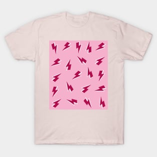 Burgundy and White Lightning Bolts Pattern on Pink T-Shirt